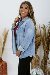 Sky Blue Plus Size Chest Pocket Button-Up Denim Shacket Plus Size JT's Designer Fashion
