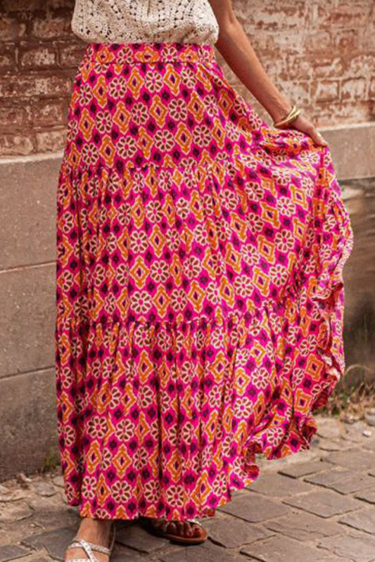 Rose Geometric Floral Print Tiered Maxi Skirt Bottoms JT's Designer Fashion