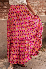 Rose Geometric Floral Print Tiered Maxi Skirt Bottoms JT's Designer Fashion