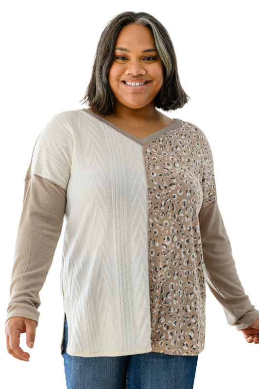 Gray Plus Size Leopard Patchwork Mix Knit Long Sleeve Top Plus Size JT's Designer Fashion