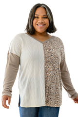 Gray Plus Size Leopard Patchwork Mix Knit Long Sleeve Top Plus Size JT's Designer Fashion