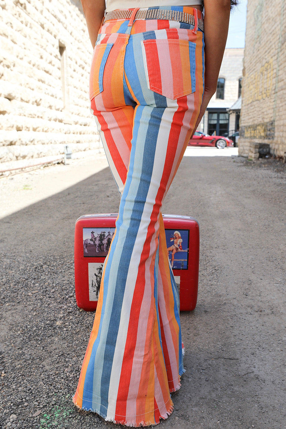 Multicolor Striped Raw Hem Flared Bottom Denim Pants Bottoms JT's Designer Fashion
