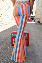 Multicolor Striped Raw Hem Flared Bottom Denim Pants Bottoms JT's Designer Fashion