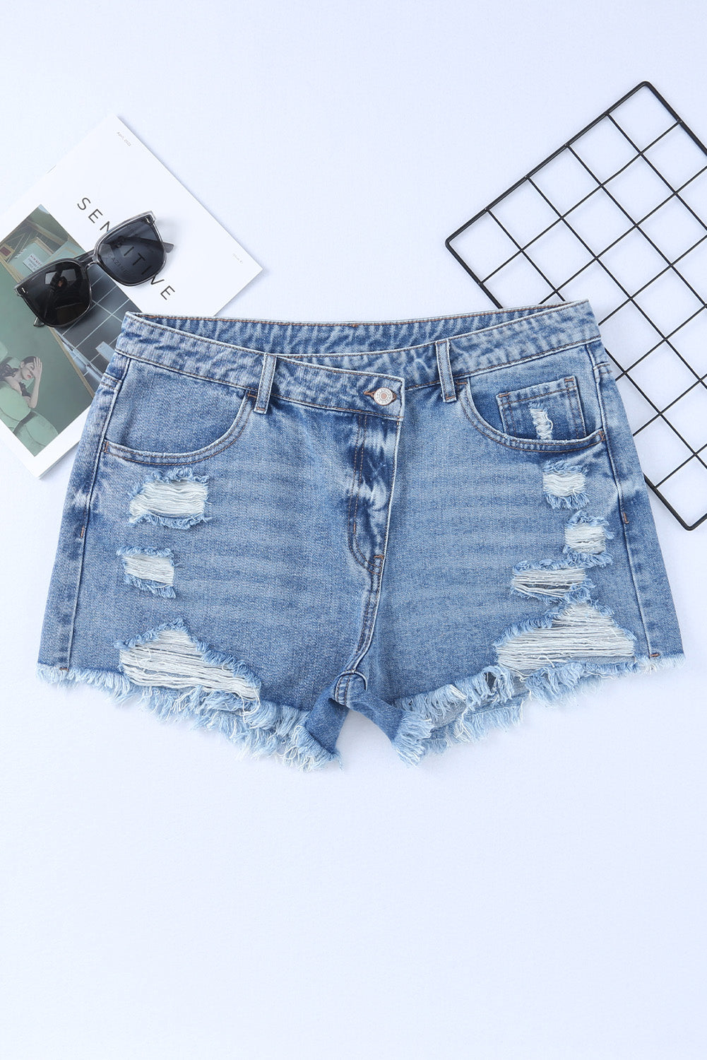 Sky Blue High Rise Crossover Waist Denim Shorts Denim Shorts JT's Designer Fashion