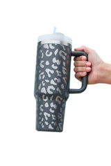 Gray Leopard Print 40OZ Stainless Steel Portable Cup with Handle Tumblers JT's Designer Fashion