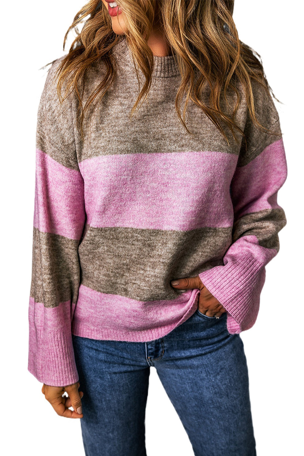Rose Stripe Crew Neck Wide Sleeve Colorblock Sweater Sweaters & Cardigans JT's Designer Fashion