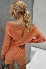 Orange Ribbed Drawstring Waist Long Sleeve Romper Loungewear JT's Designer Fashion