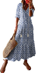 Sky Blue V Neck Casual Geometric Print Long Dress Maxi Dresses JT's Designer Fashion