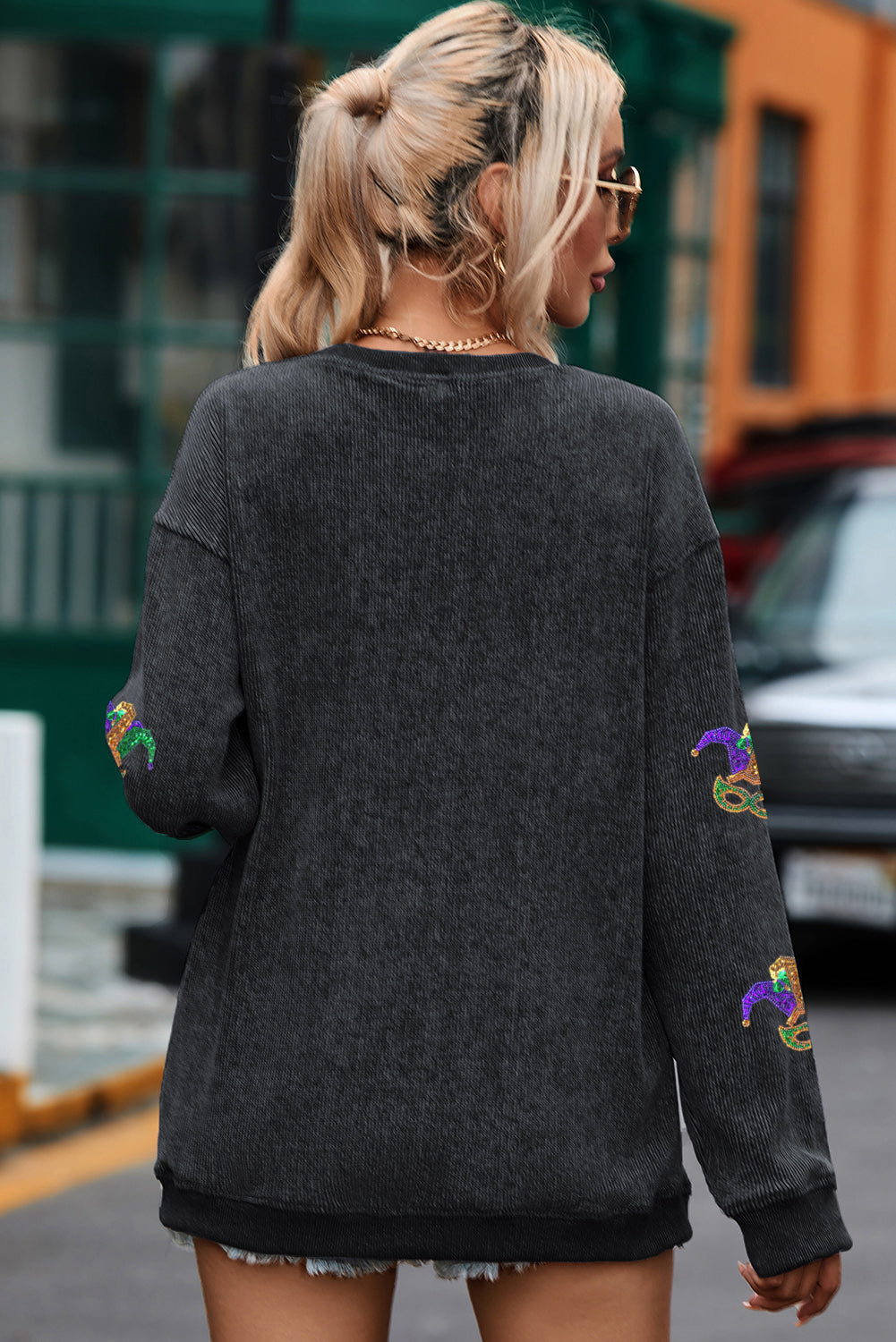 Black Mardi Gras Sequined Fleur De Lis Pattern Corded Sweatshirt Graphic Sweatshirts JT's Designer Fashion