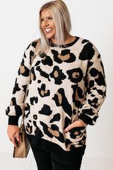 Leopard Brushed Knit Pocketed Plus Size Sweater Plus Size JT's Designer Fashion