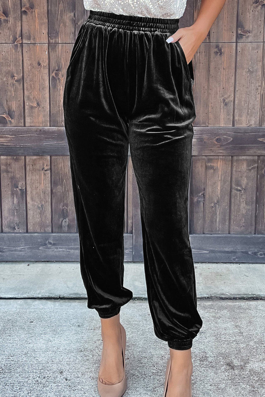 Black Green Solid Velvet Jogger Pants Bottoms JT's Designer Fashion