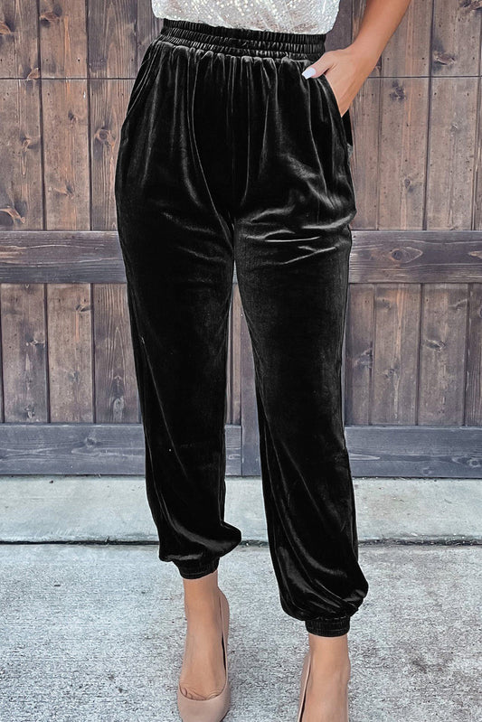 Black Green Solid Velvet Jogger Pants Bottoms JT's Designer Fashion