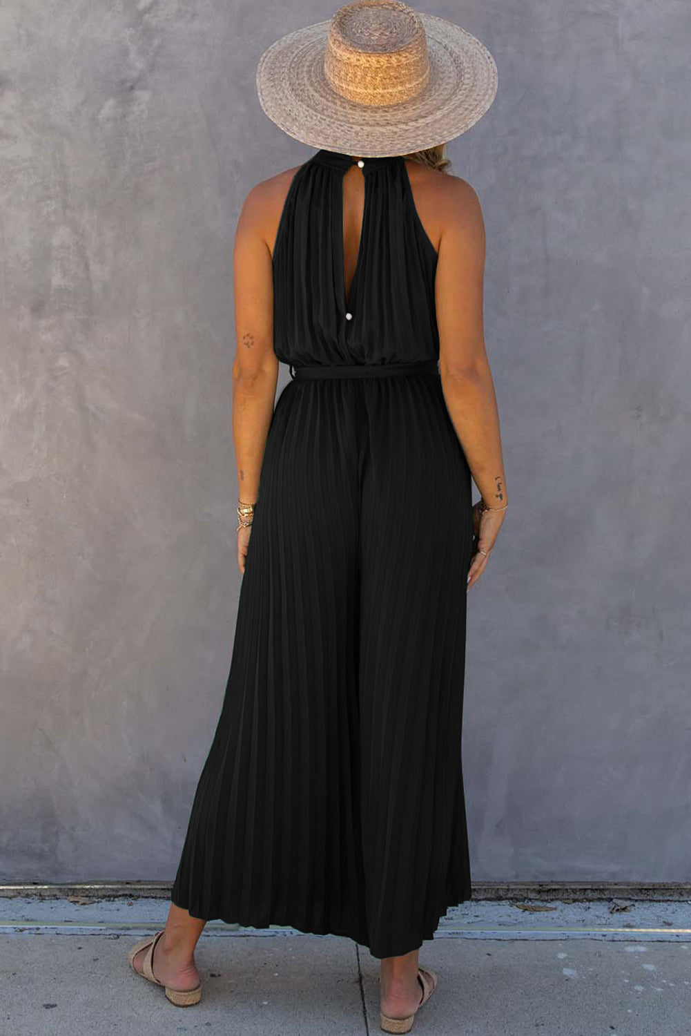 Black Halter Neck Pleated Wide Leg Jumpsuit with Belt Jumpsuits & Rompers JT's Designer Fashion