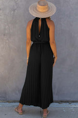 Black Halter Neck Pleated Wide Leg Jumpsuit with Belt Jumpsuits & Rompers JT's Designer Fashion