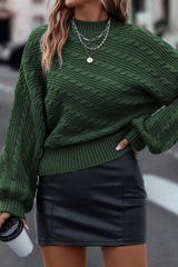 Blackish Green Mock Neck Lantern Sleeve Cable Knit Sweater Sweaters & Cardigans JT's Designer Fashion