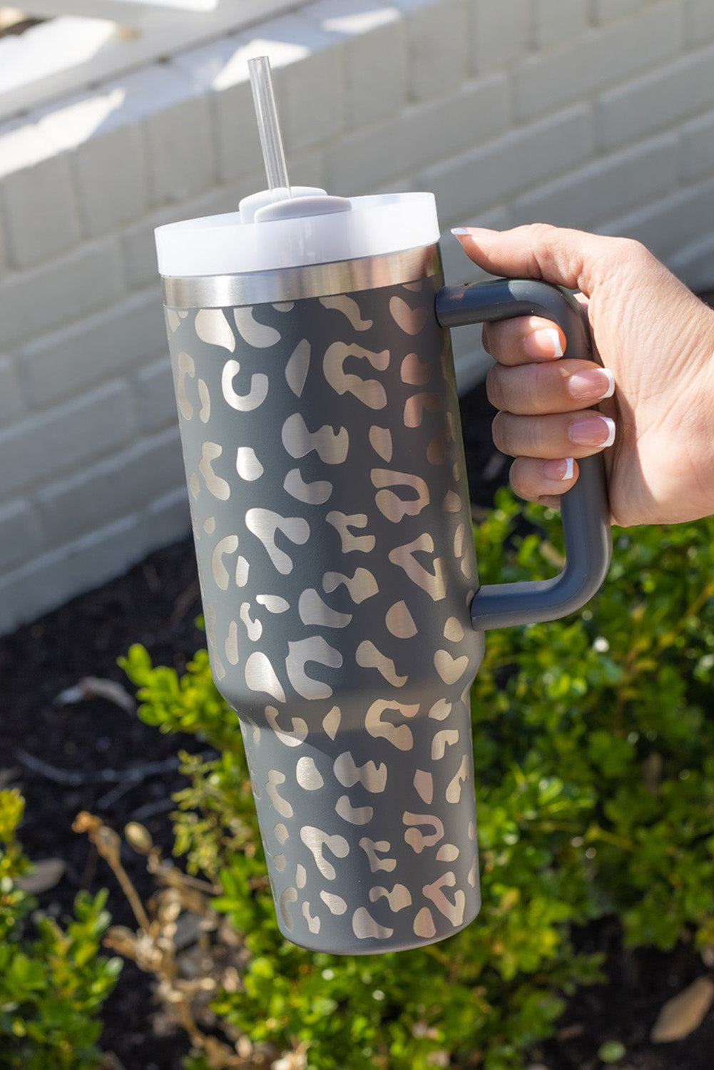 Gray Leopard Print 40OZ Stainless Steel Portable Cup with Handle Tumblers JT's Designer Fashion