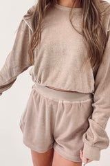 Khaki Exposed Seam Long Sleeve High Waist Shorts Set Bottoms JT's Designer Fashion