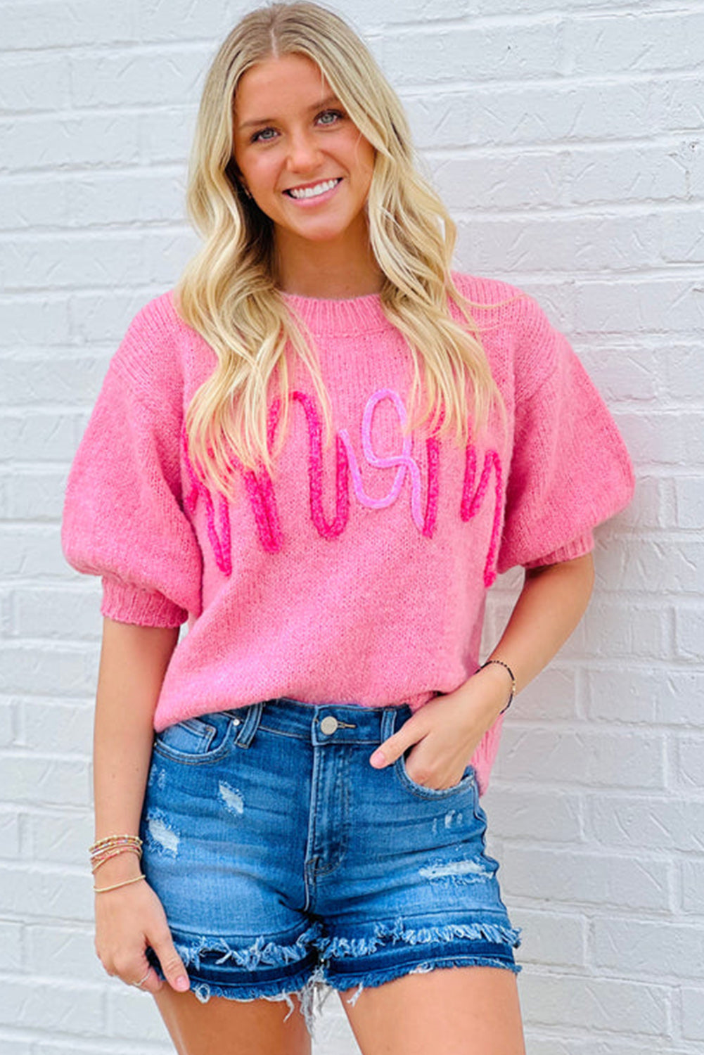 Bonbon Mom Corded Graphic Short Sleeve Sweater Sweaters & Cardigans JT's Designer Fashion