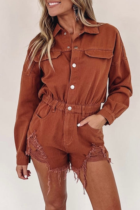 Gold Flame Snap Button Long Sleeve Ripped Romper Bottoms JT's Designer Fashion