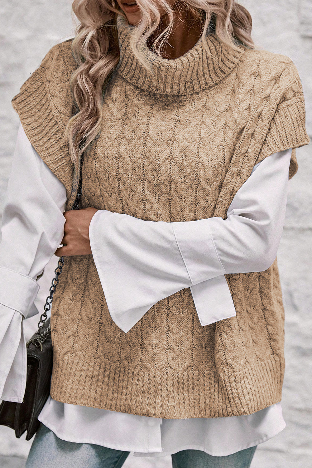 Light French Beige Turtleneck Short Batwing Sleeve Cable Knit Sweater Sweaters & Cardigans JT's Designer Fashion