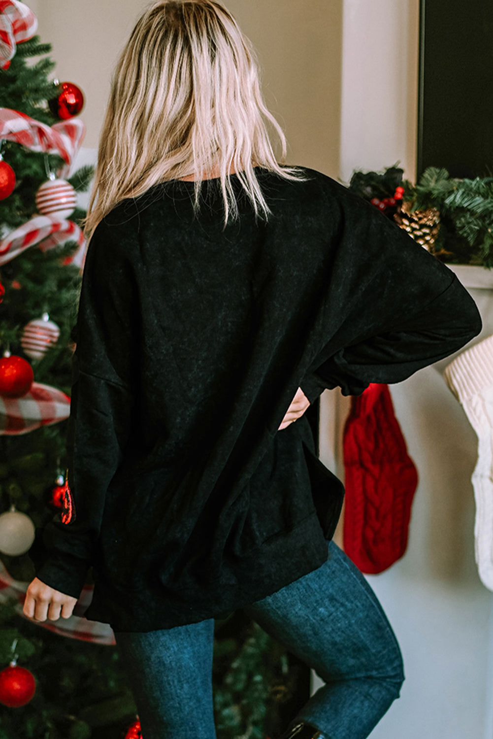 Black Sequined Jack O Lantern Split Hem Baggy Sweatshirt Graphic Sweatshirts JT's Designer Fashion