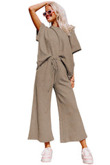 Brown Gray Textured Loose Fit T Shirt and Drawstring Pants Set Bottoms JT's Designer Fashion