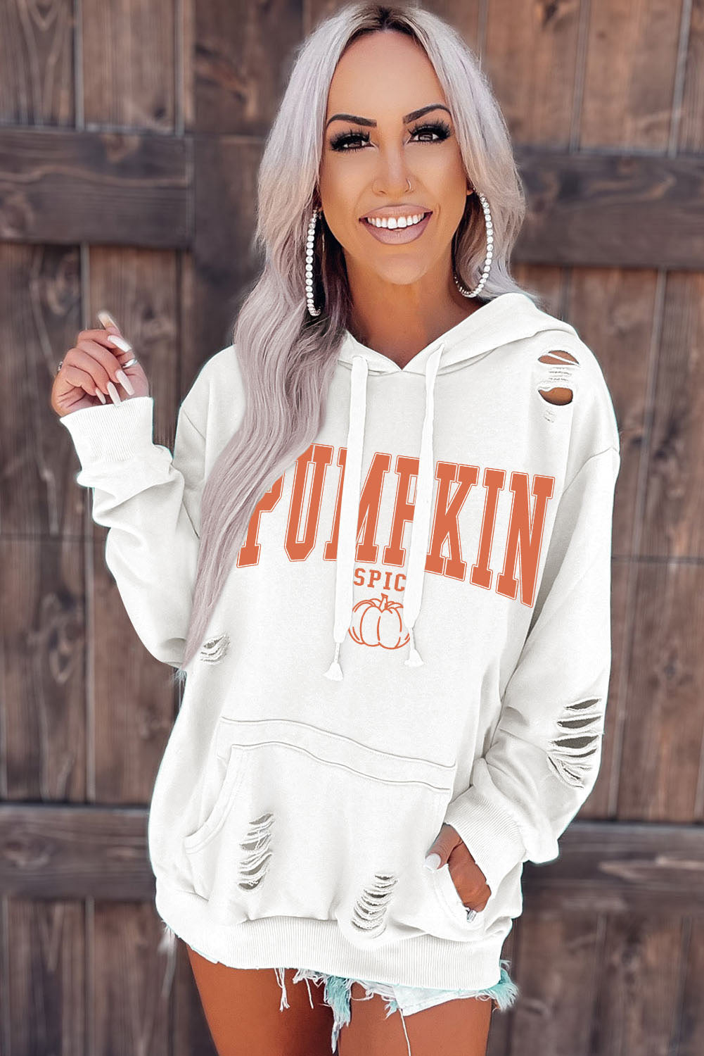 White PUMPKIN SPICE Distressed Hoodie Graphic Sweatshirts JT's Designer Fashion