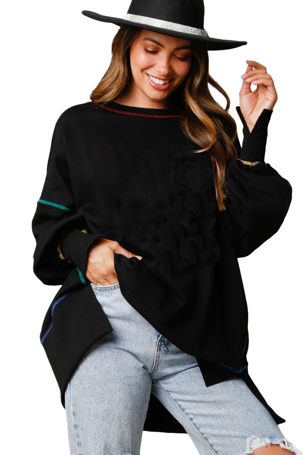 Black Contrast Stitching Split Baggy Sweatshirt Sweatshirts & Hoodies JT's Designer Fashion