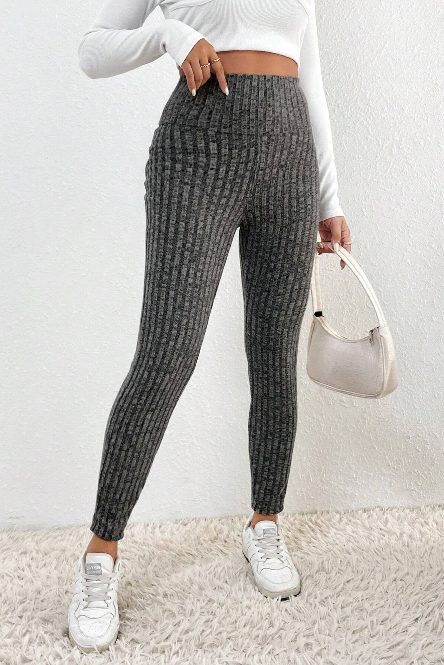 Dark Grey Wide Waistband Ribbed Textured Knit Leggings Bottoms JT's Designer Fashion