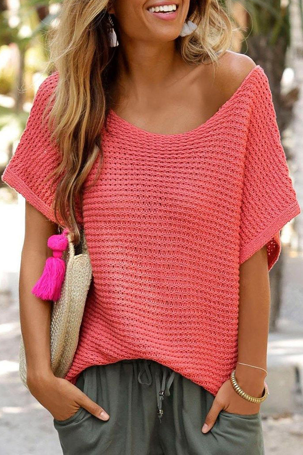 Red Clay Solid Loose Knit Short Dolman Sleeve Sweater Sweaters & Cardigans JT's Designer Fashion