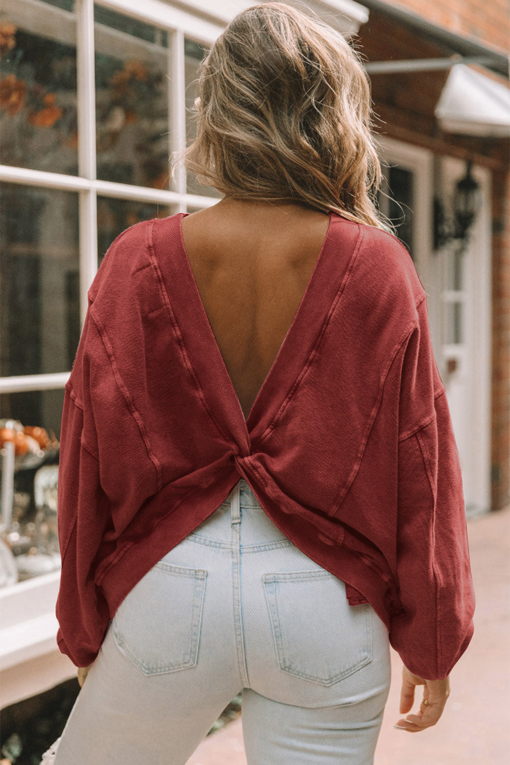 Red Exposed Seam Twist Open Back Oversized Sweatshirt Sweatshirts & Hoodies JT's Designer Fashion