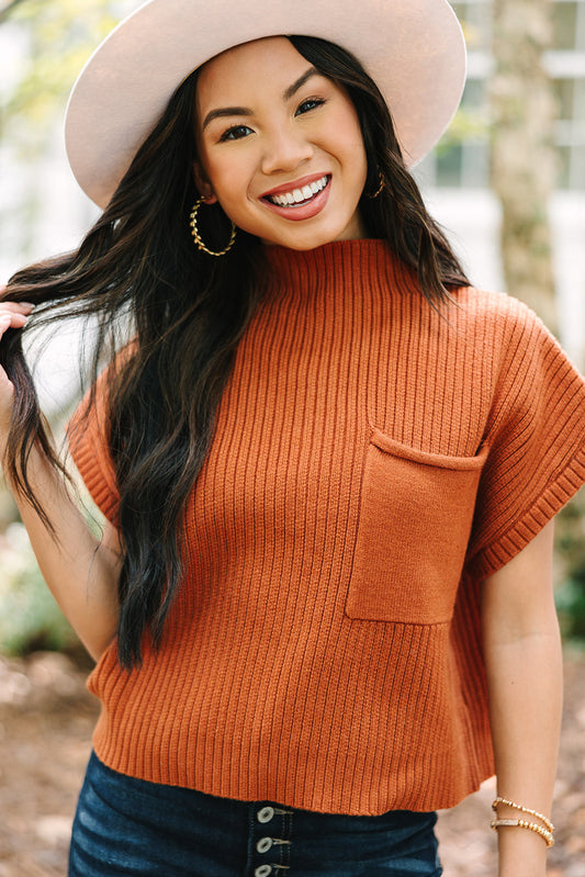 Gold Flame Patch Pocket Ribbed Knit Short Sleeve Sweater Sweaters & Cardigans JT's Designer Fashion