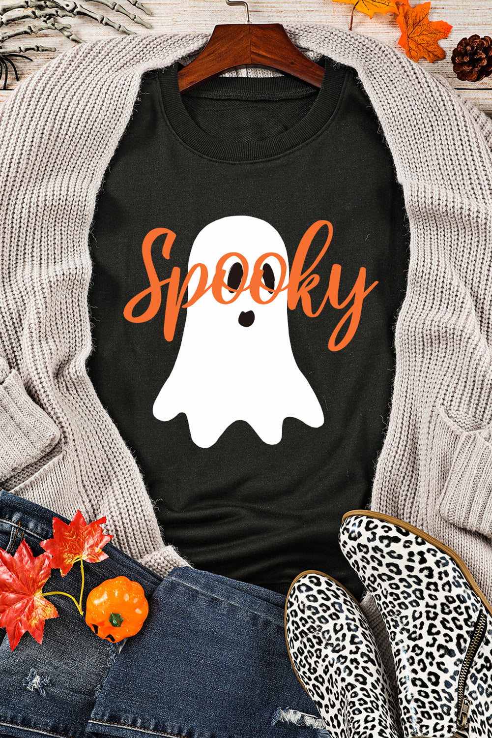 Black Halloween Spooky Ghost Print Crewneck Pullover Sweatshirt Graphic Sweatshirts JT's Designer Fashion