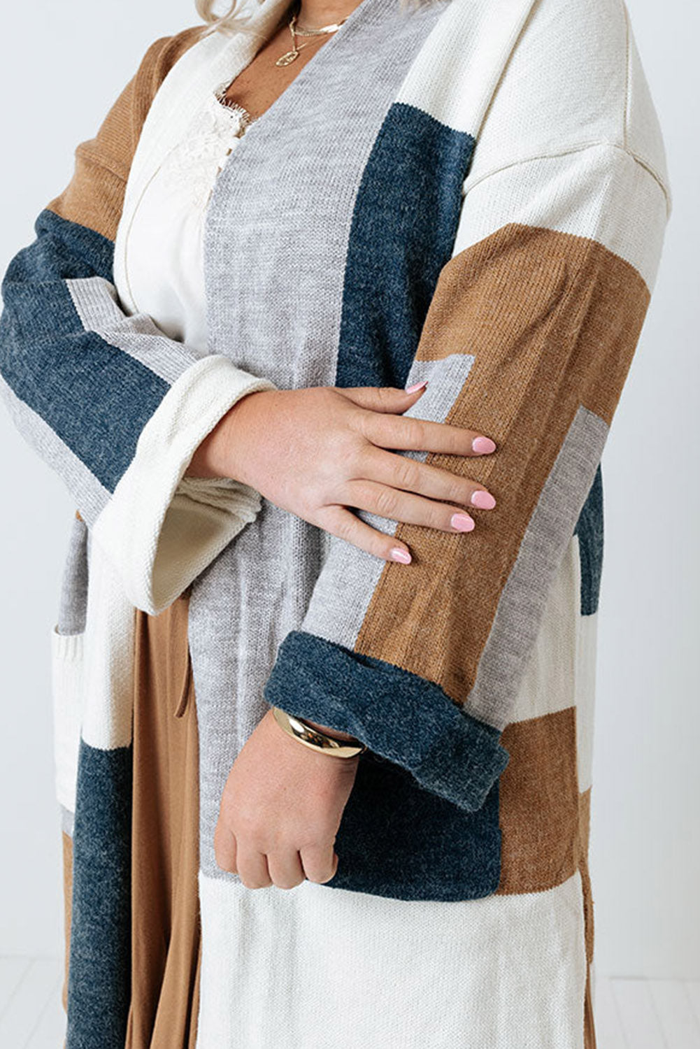 Multicolor Plus Size Colorblock Knit Cardigan Plus Size JT's Designer Fashion