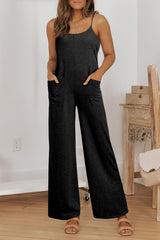 Black Loose Fit Side Pockets Spaghetti Strap Wide Leg Jumpsuit Jumpsuits & Rompers JT's Designer Fashion