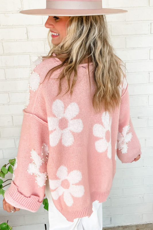 Multicolour Beaded Daisy Pattern Drop Shoulder Sweater Sweaters & Cardigans JT's Designer Fashion