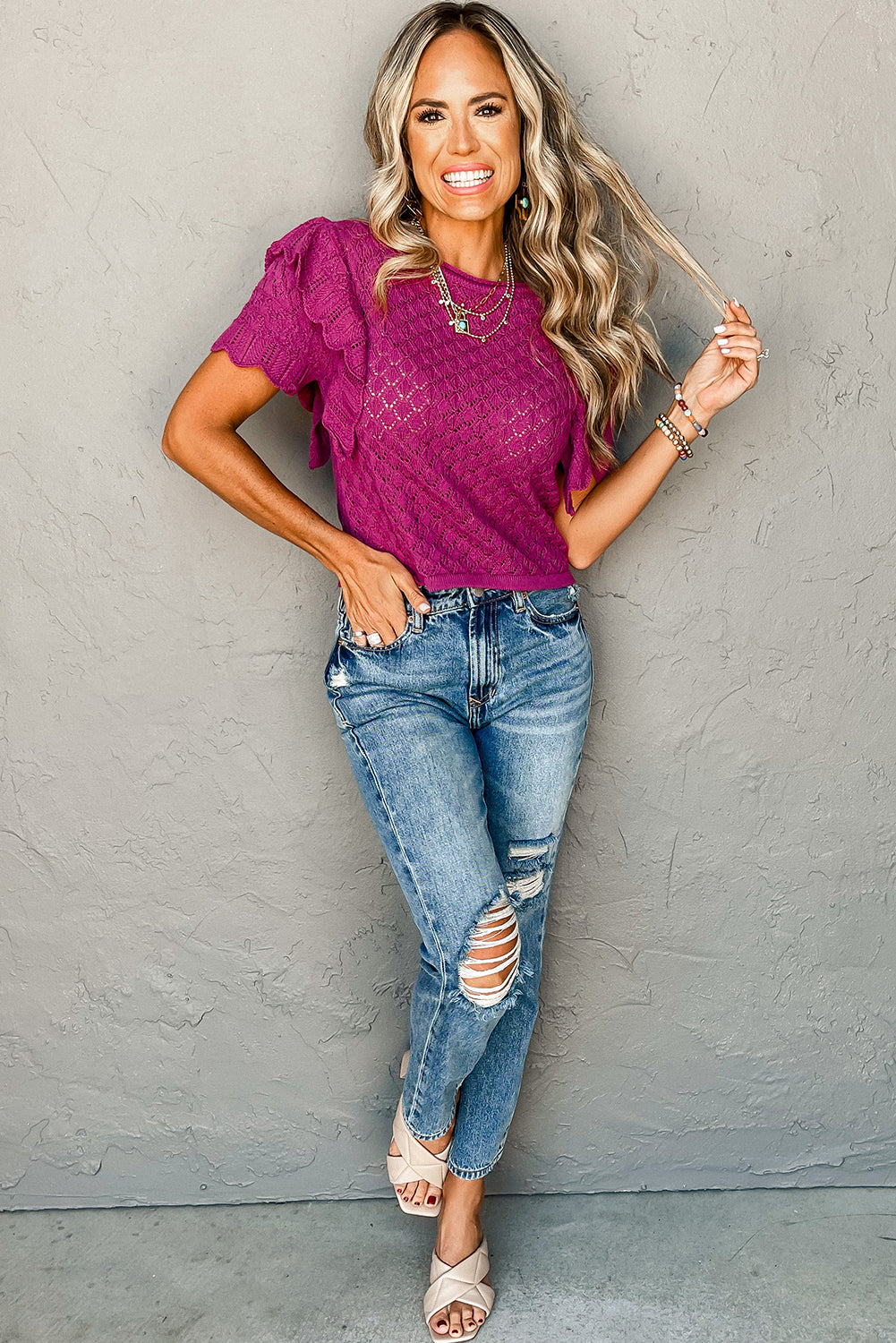 Violet Ruffle Short Sleeve Textured Knit Sweater Sweaters & Cardigans JT's Designer Fashion