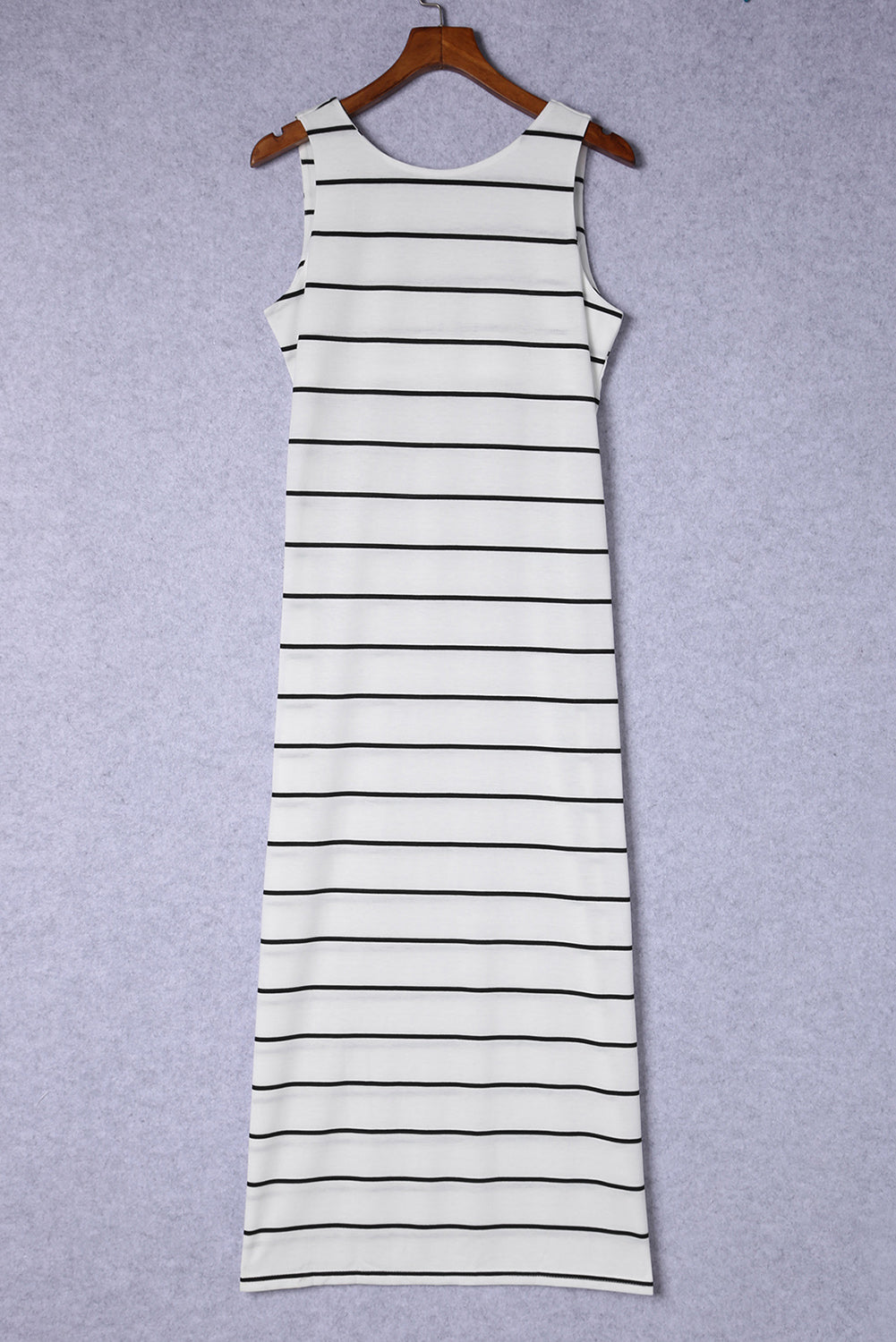 White Stripe Print Open Back Sleeveless Long Dress with Slits Maxi Dresses JT's Designer Fashion