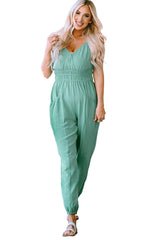 Green Shirred High Waist Sleeveless V Neck Jumpsuit Jumpsuits & Rompers JT's Designer Fashion