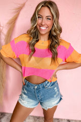 Orange Stripe Color Block Short Sleeve Knitted Sweater T Shirt Sweaters & Cardigans JT's Designer Fashion