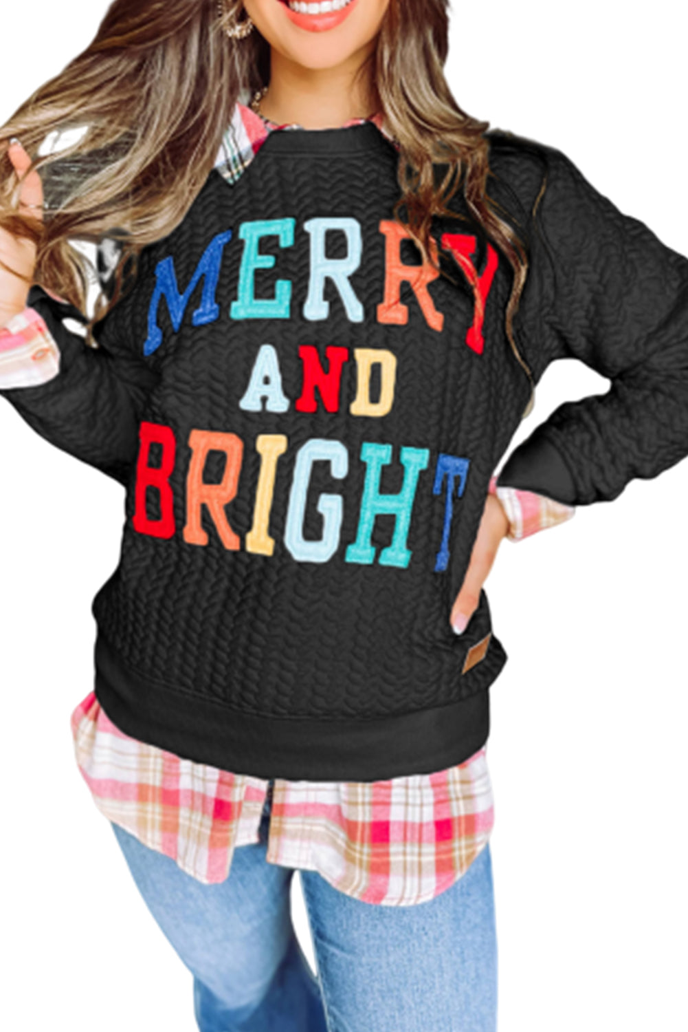 Black Merry And Bright Cable Knit Pullover Sweatshirt Sweatshirts & Hoodies JT's Designer Fashion