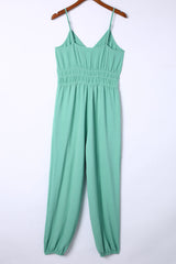 Green Shirred High Waist Sleeveless V Neck Jumpsuit Jumpsuits & Rompers JT's Designer Fashion