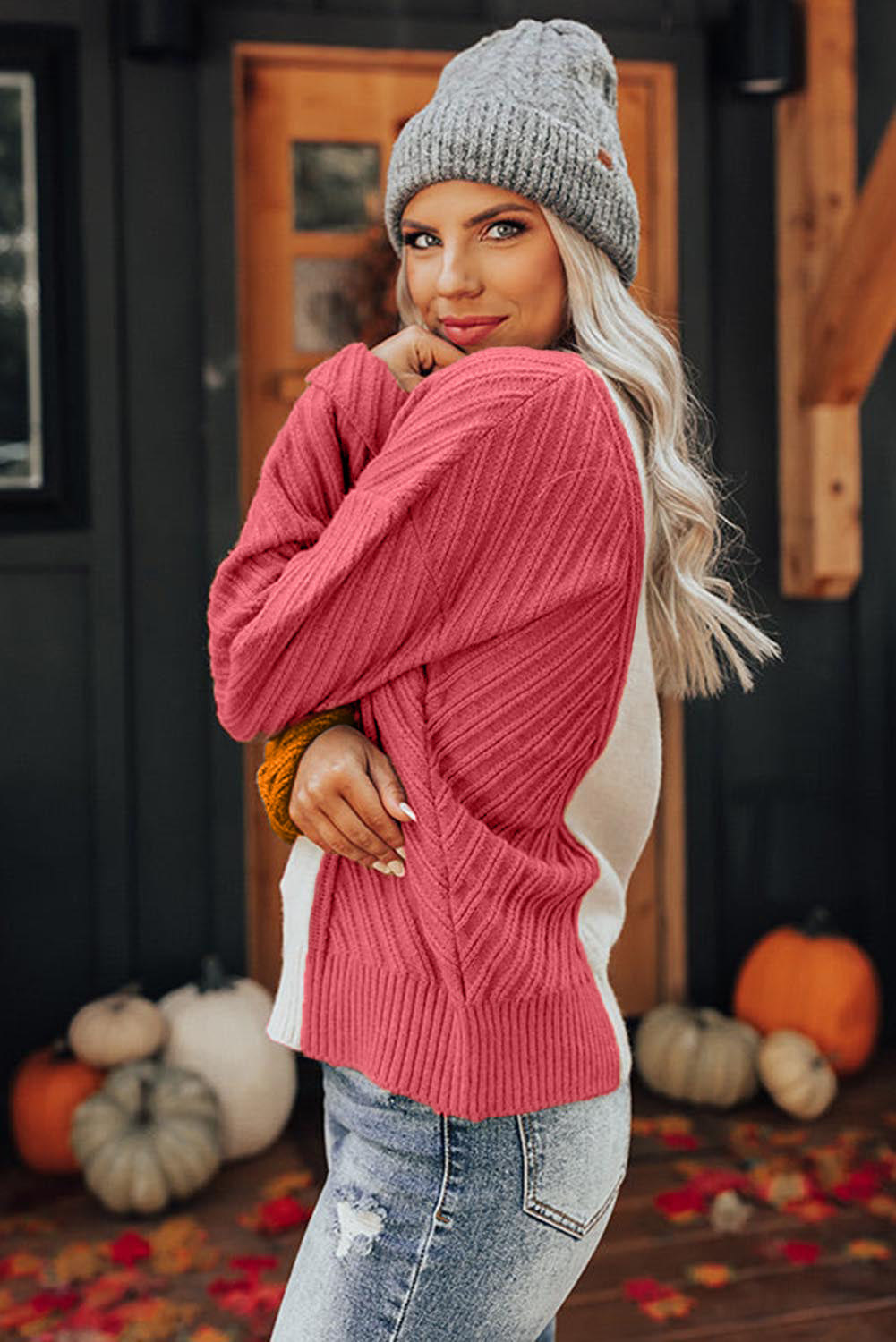 Multicolor Colorblock Textured Drop Shoulder Sweater Sweaters & Cardigans JT's Designer Fashion