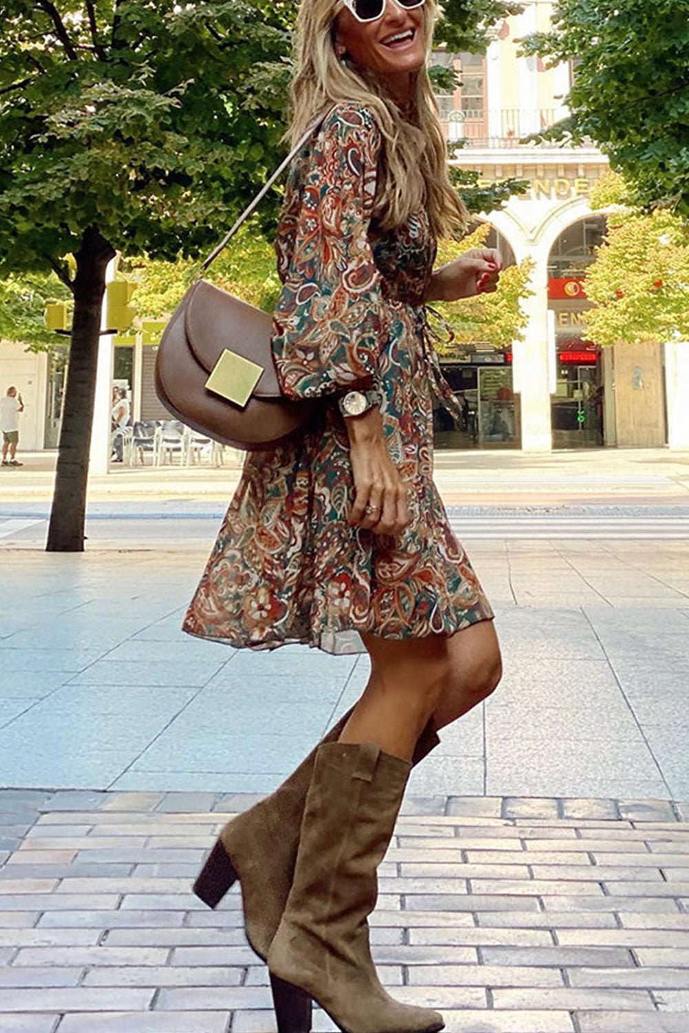 Brown Geometric Print Long Sleeve Surplice Flowy Dress Dresses JT's Designer Fashion