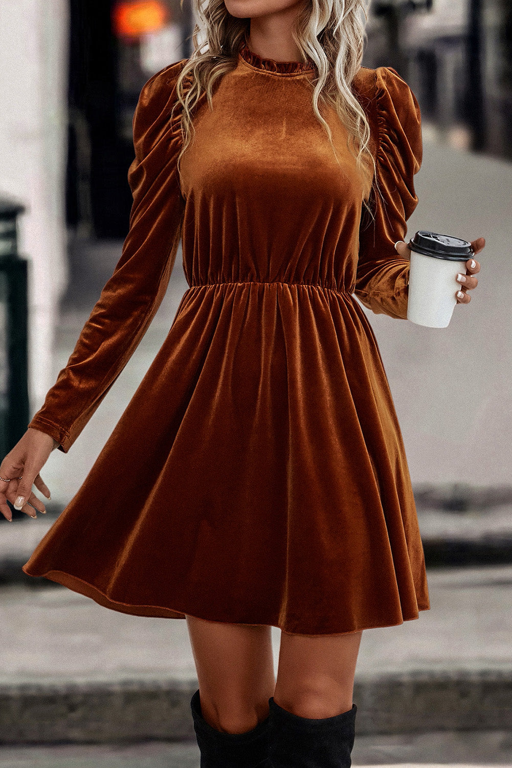 Chestnut Velvet Frilled Neck Gigot Sleeve Swing Dress Dresses JT's Designer Fashion