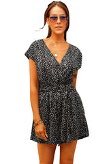Black Leopard Print Belted V Neck Short Sleeve Romper Jumpsuits & Rompers JT's Designer Fashion