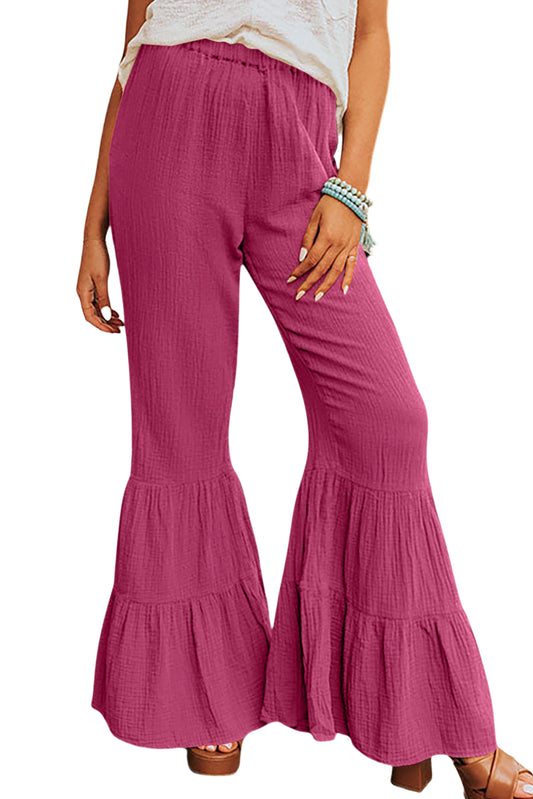 Rose Green Textured High Waist Ruffled Bell Bottom Pants Bottoms JT's Designer Fashion