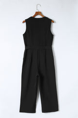 Black Buttoned Sleeveless Cropped Jumpsuit with Sash Jumpsuits & Rompers JT's Designer Fashion