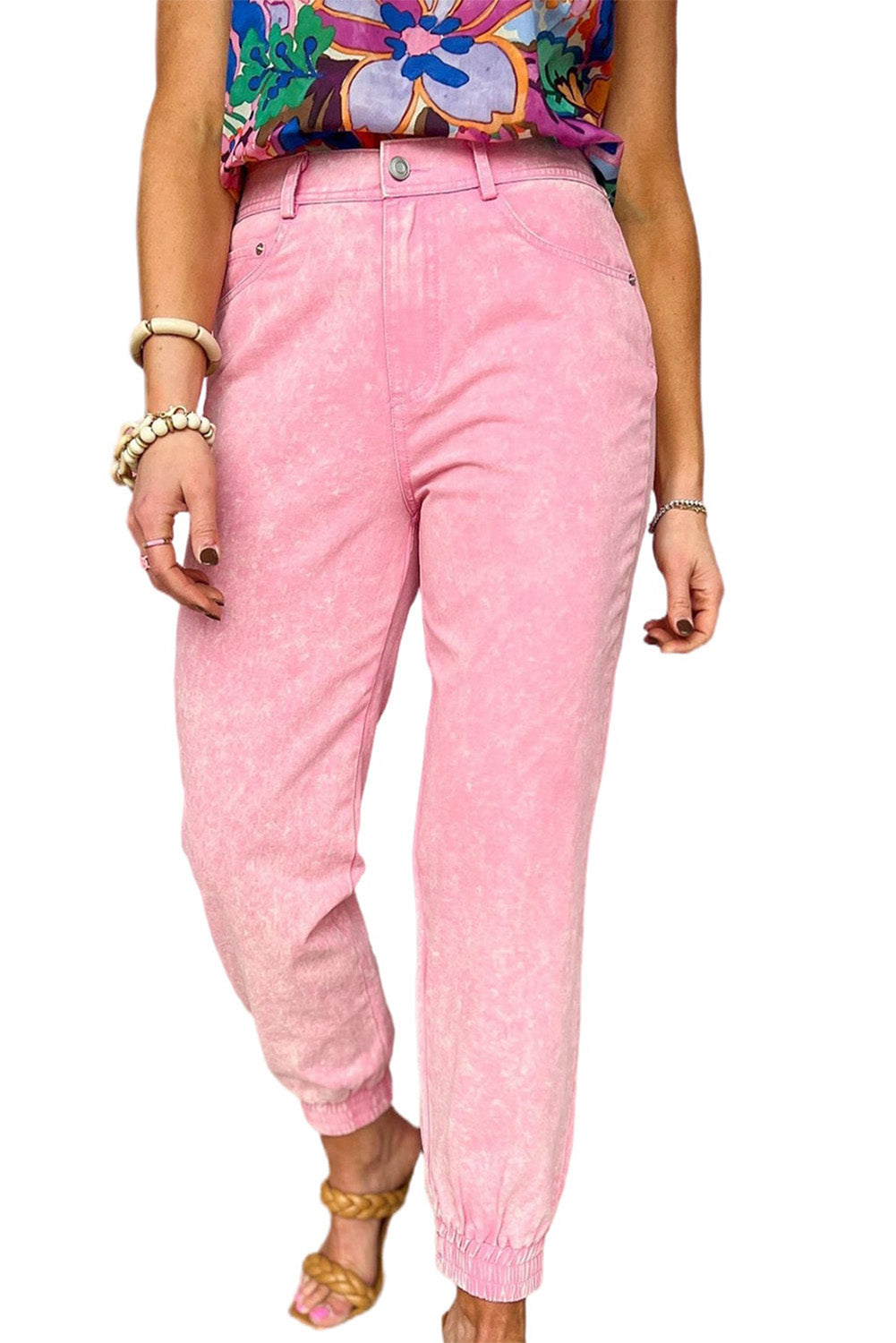 Pink Acid Wash Elastic Cuffed High Waist Jeans Bottoms JT's Designer Fashion