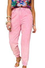 Pink Acid Wash Elastic Cuffed High Waist Jeans Bottoms JT's Designer Fashion
